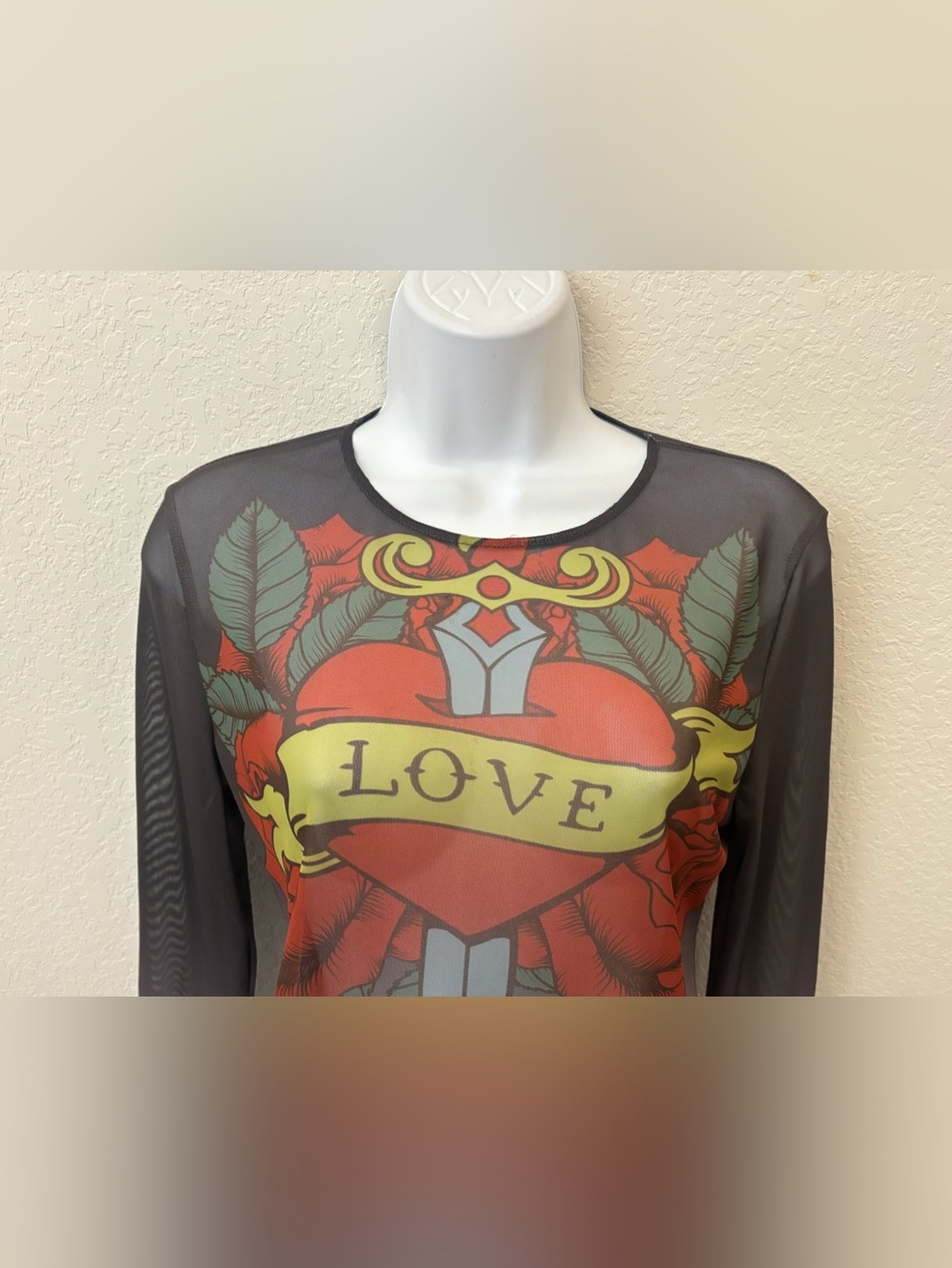 Thirty Single Long Sleeve Semi Sheer Top Women’s L Love Heart Y2K Gray - Picture 2 of 8